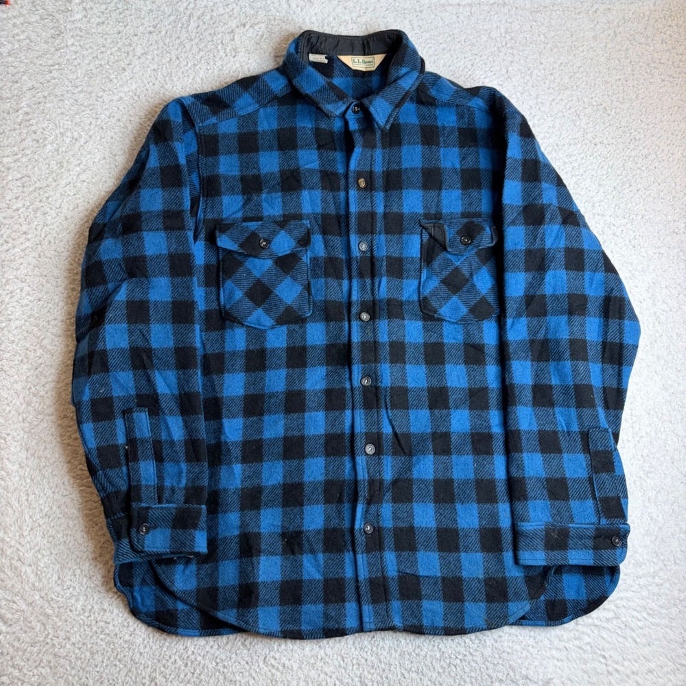 LL Bean Maine Guide Wool Shirt XXL Long Blue Black Buffalo Plaid Flannel USA